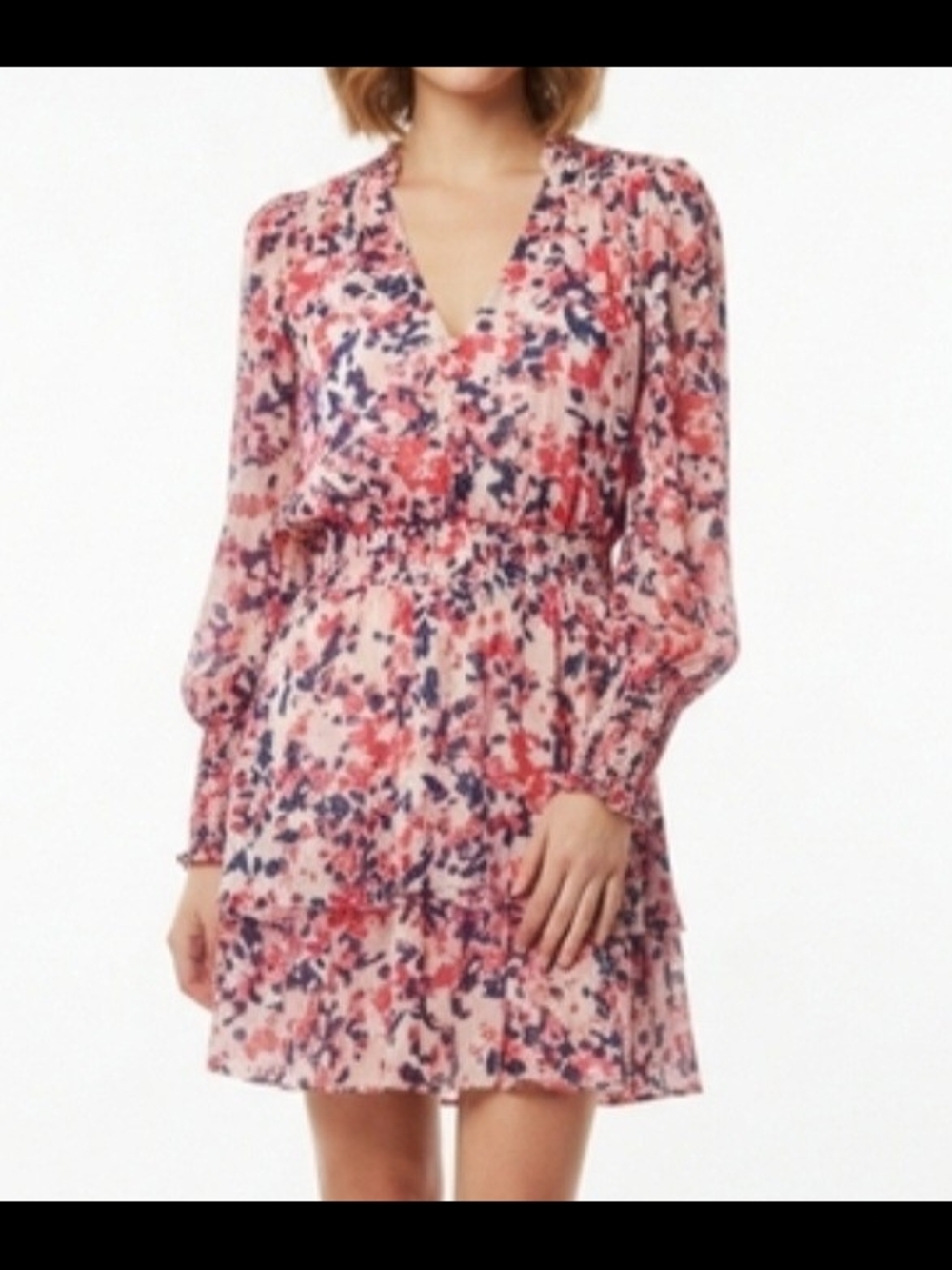 Aqua Pink/Blue Floral V-Neck Long Sleeve Mini Dress. Size L